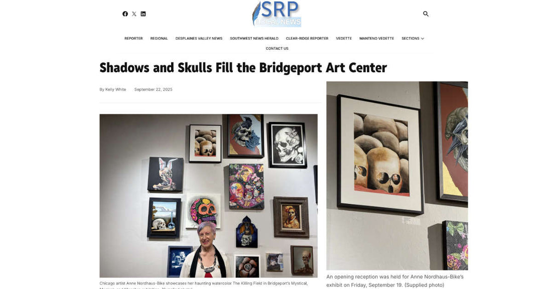 New story headline and photos of artist and skulls painting with newspaper masthead