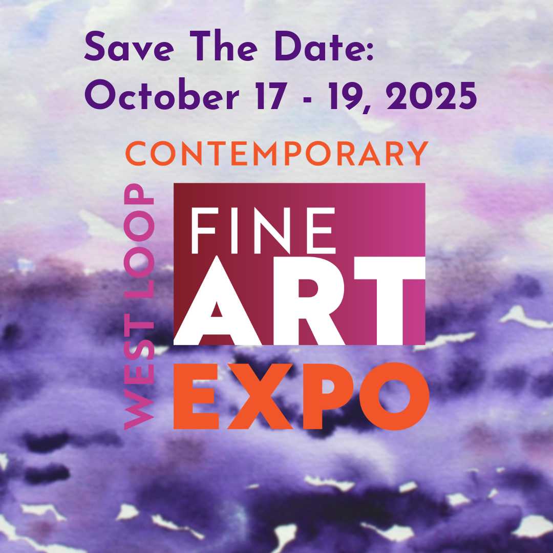 West Loop Contemporary Fine Art Expo graphic with dates, purple abstract painting background.
