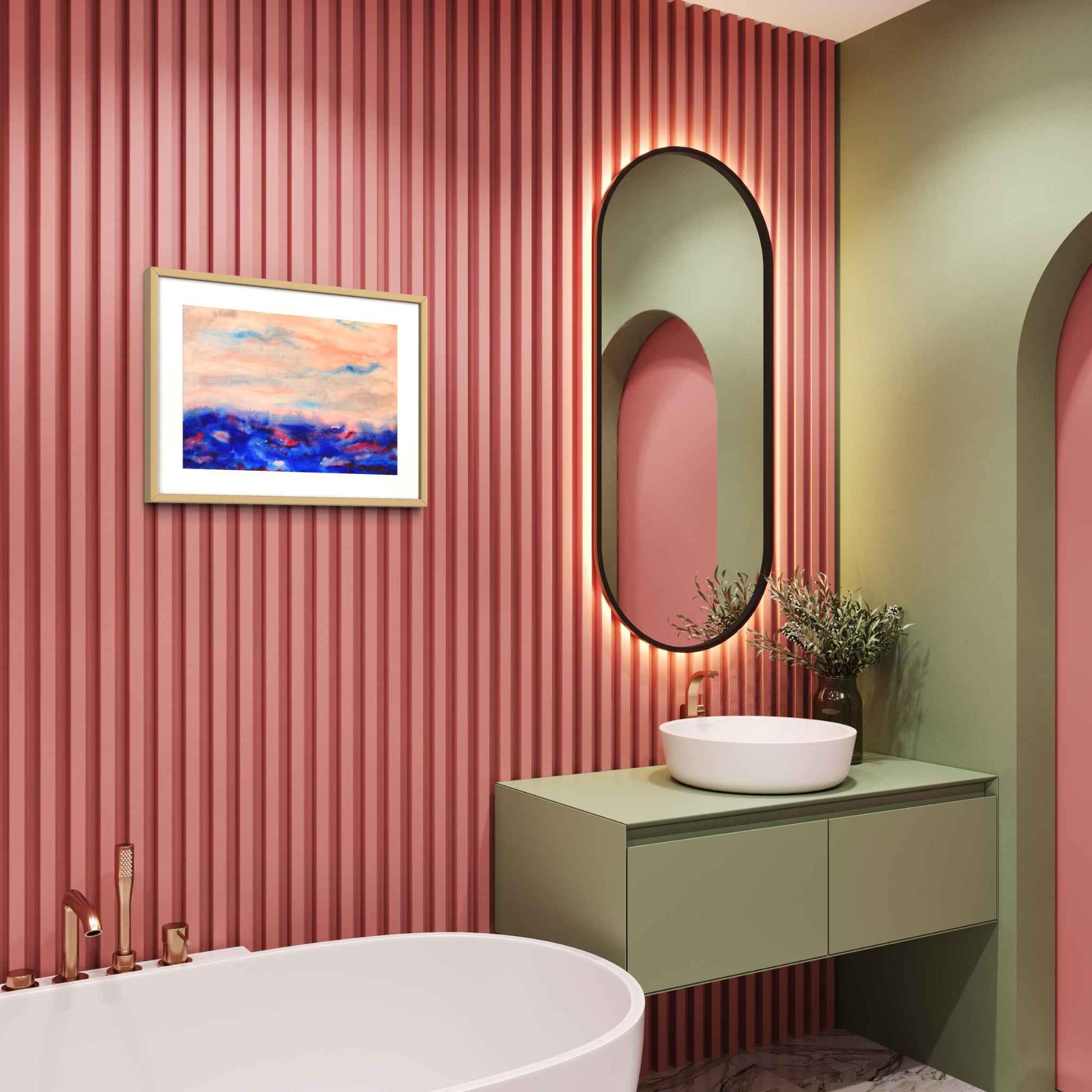 April Morning horizon watercolor, blues with peach and pink, in green and peach-orange bathroom