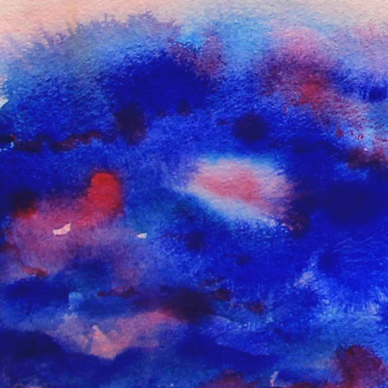 April Morning watercolor painting-closeup view, deep blues and intense pinks