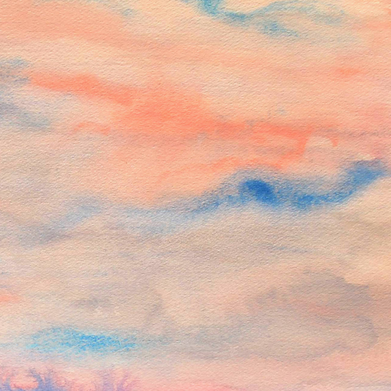 April Morning horizon watercolor painting-closeup view, sky blue and peach strokes