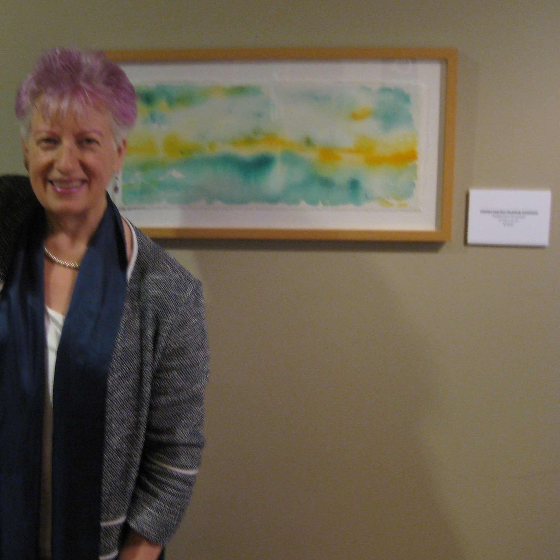 Artist Anne Nordhaus-Bike artist talk, Horizons show, with green orange Breakthrough watercolor