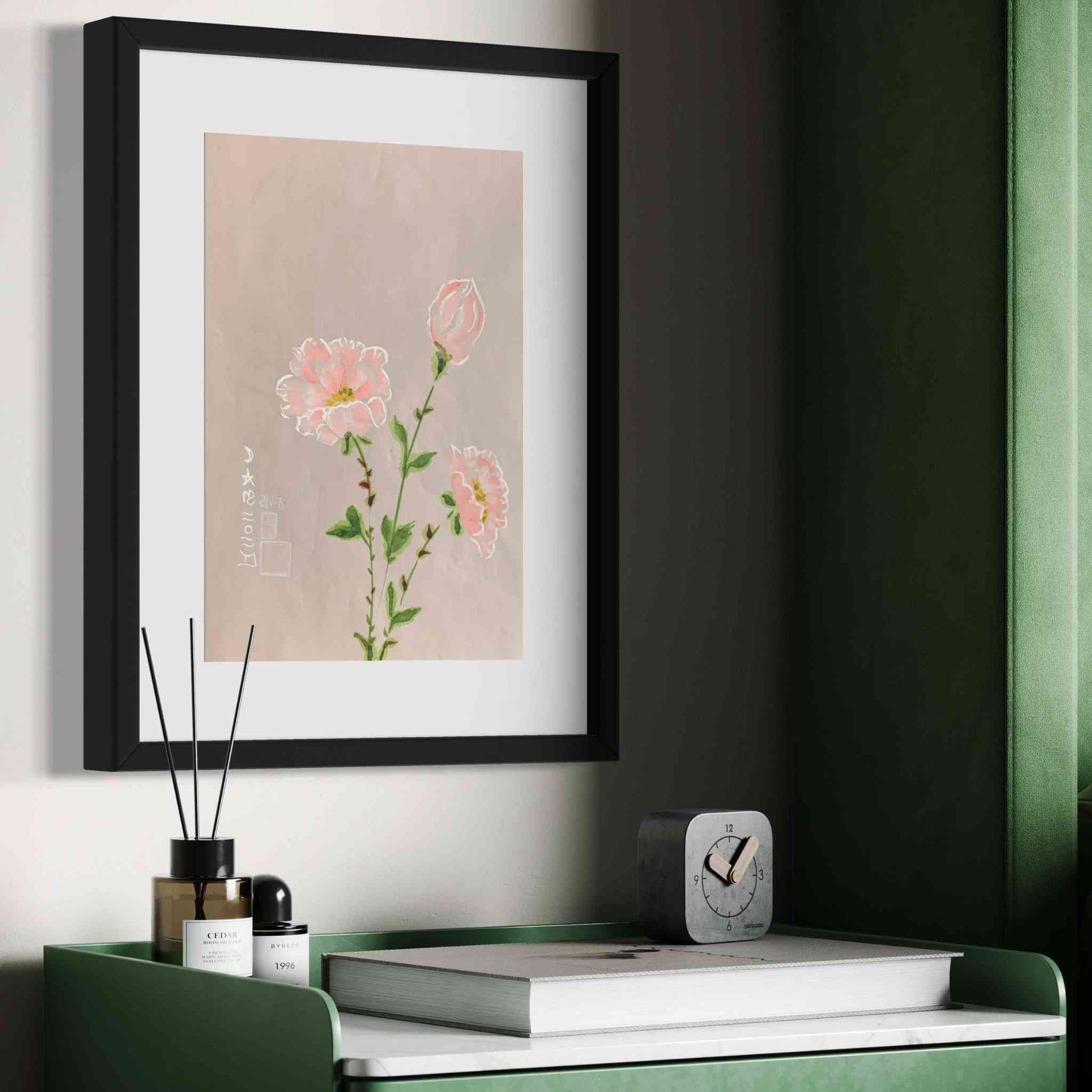 Watercolor painting, framed, three delicate pink and white flowers, pale gray paper, angled closeup