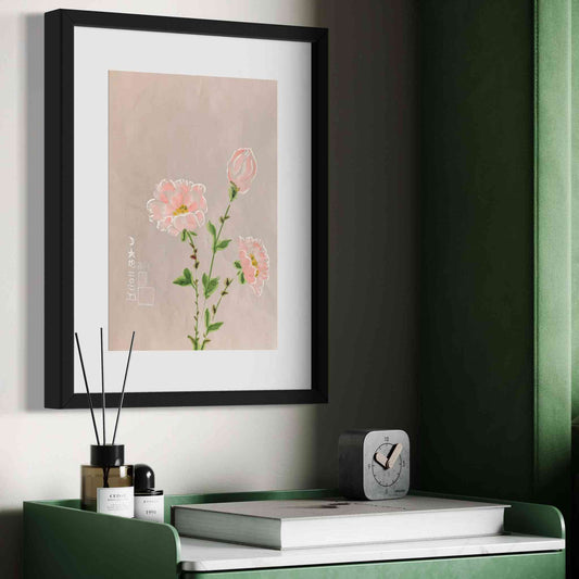 Watercolor painting, framed, three delicate pink and white flowers, pale gray paper, angled closeup