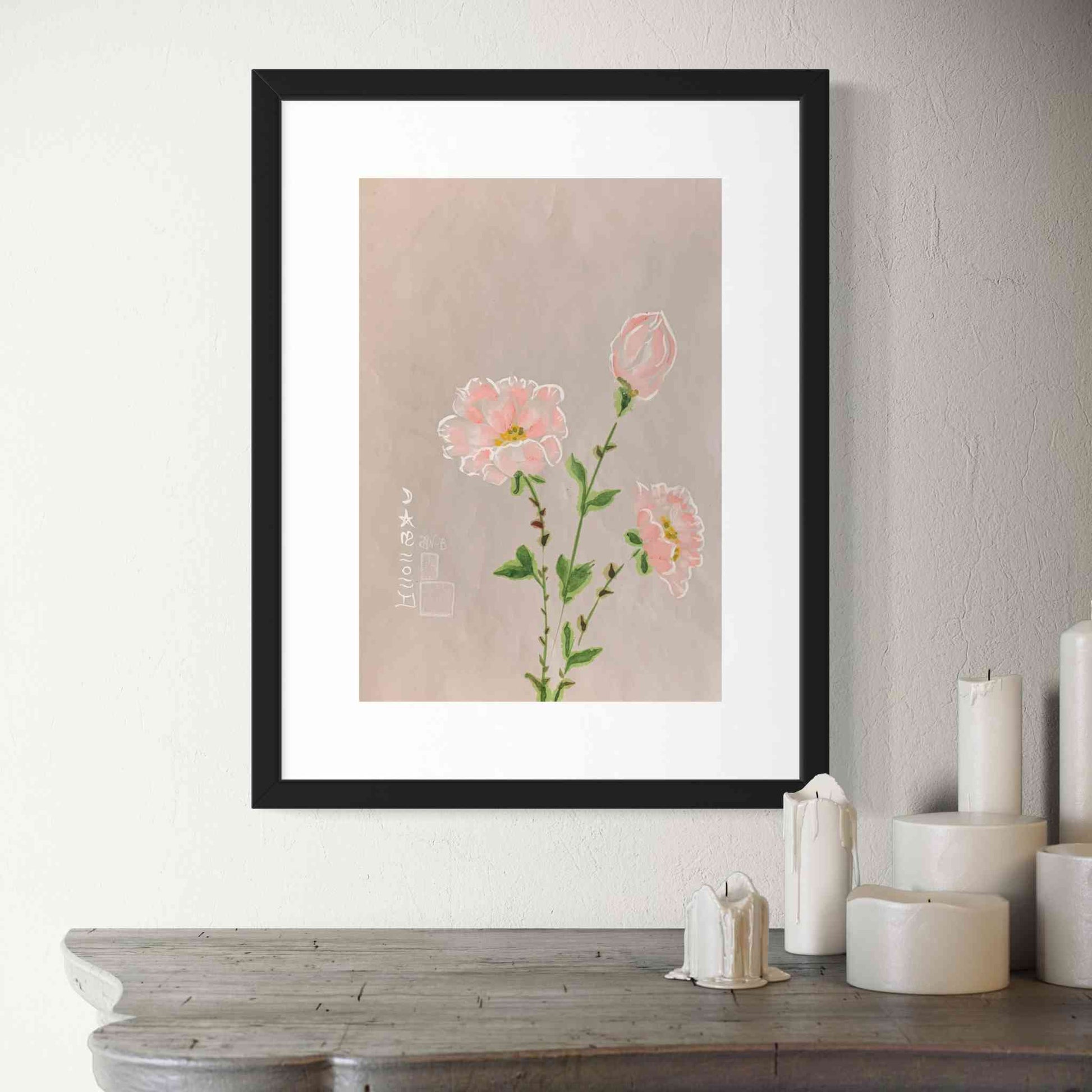 Three delicate pink and white flowers, pale gray paper, framed watercolor painting, closeup view