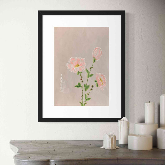 Three delicate pink and white flowers, pale gray paper, framed watercolor painting, closeup view