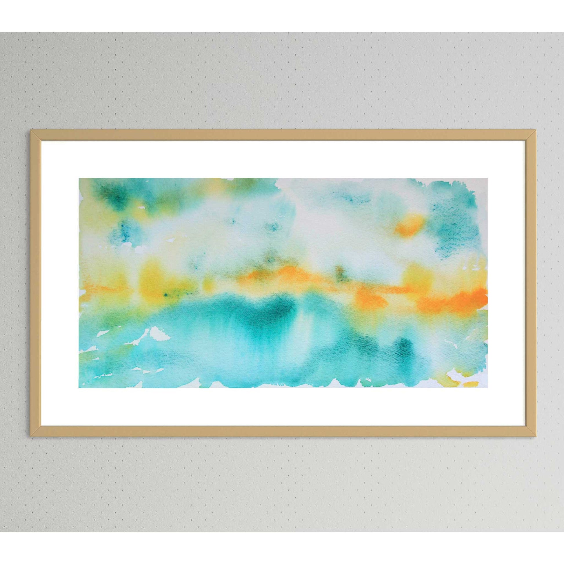 Framed and matted green-blue and orange Breakthrough horizon landscape watercolor painting