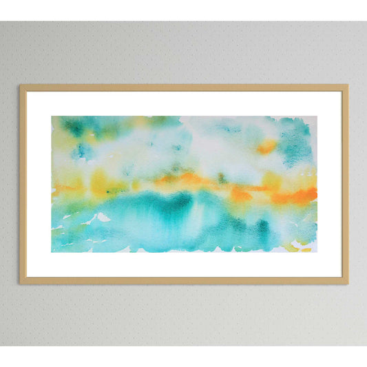 Framed and matted green-blue and orange Breakthrough horizon landscape watercolor painting