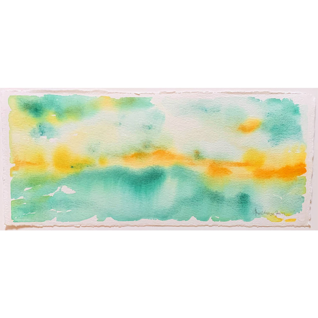 Breakthrough green orange horizon landscape watercolor painting, closeup, paper’s hand torn edges