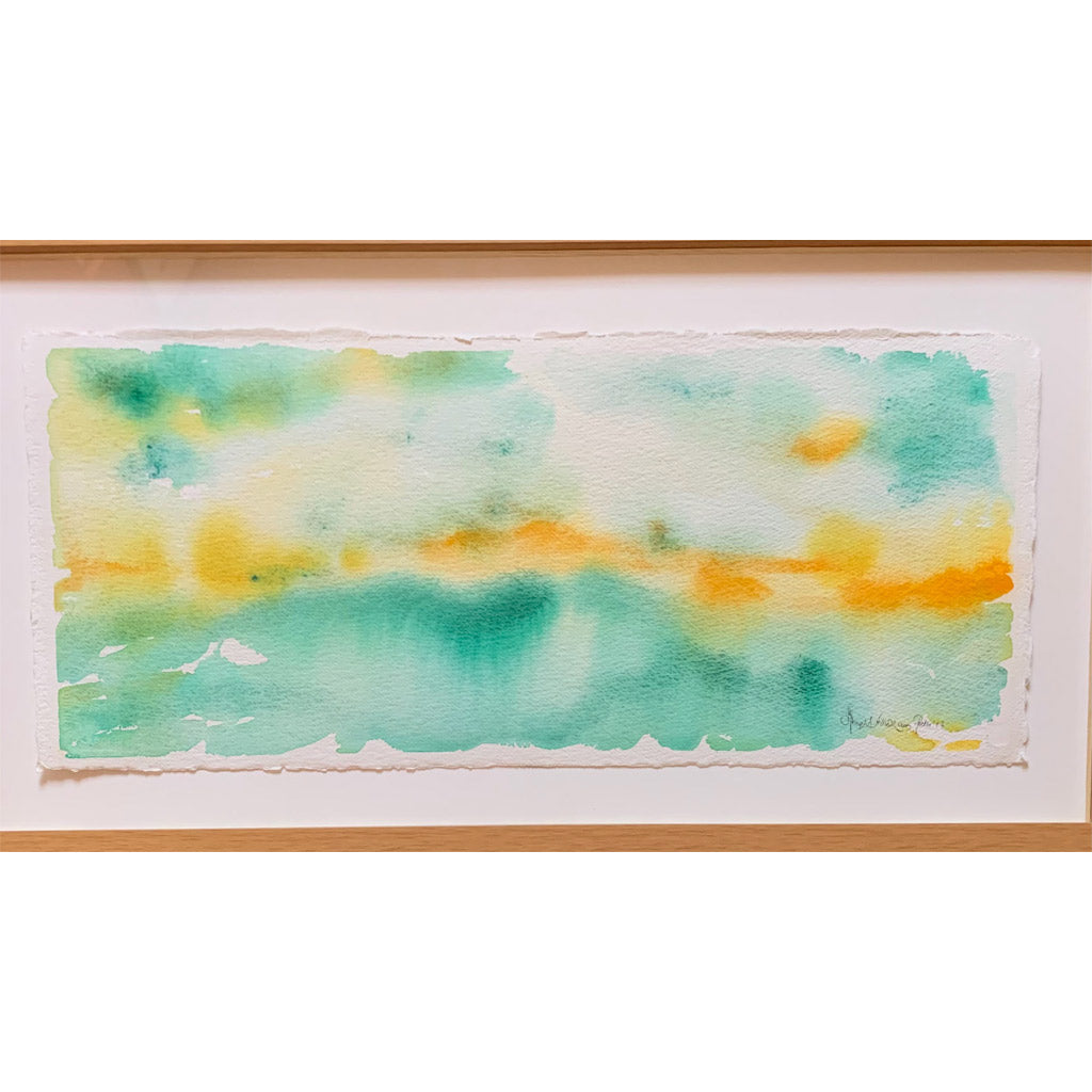 Breakthrough green orange horizon landscape watercolor painting, closeup birchwood float framing