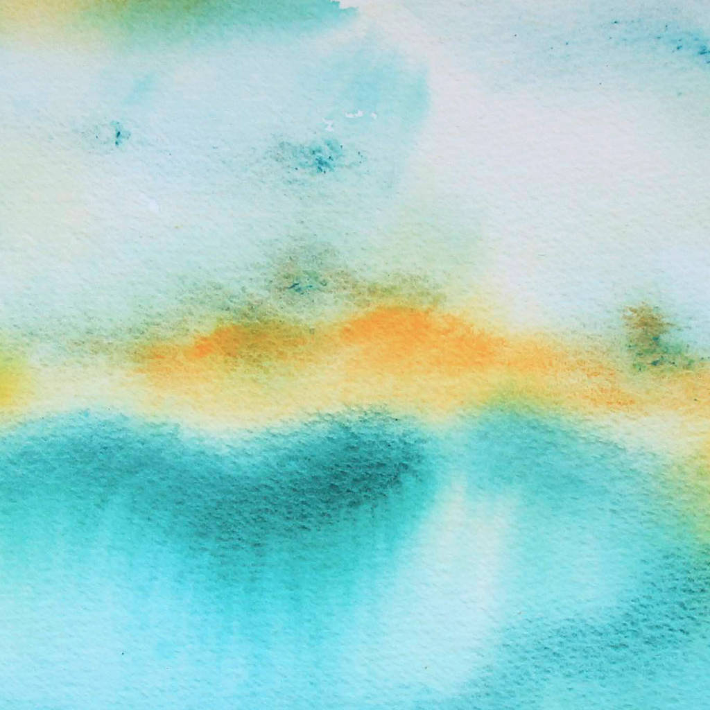 Breakthrough green-blue and orange watercolor painting center detail image