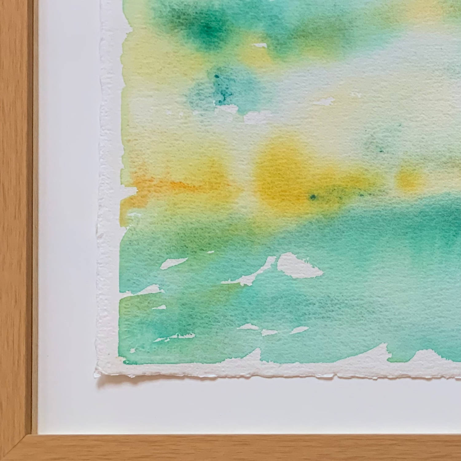 Breakthrough green orange horizon landscape watercolor painting, frame closeup, lower left corner