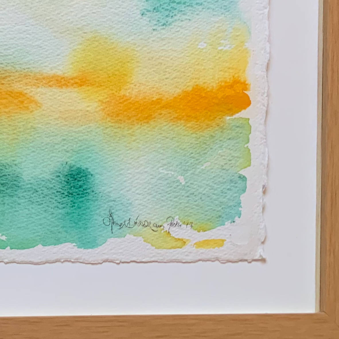 Breakthrough green orange horizon landscape watercolor painting, frame closeup, lower right corner