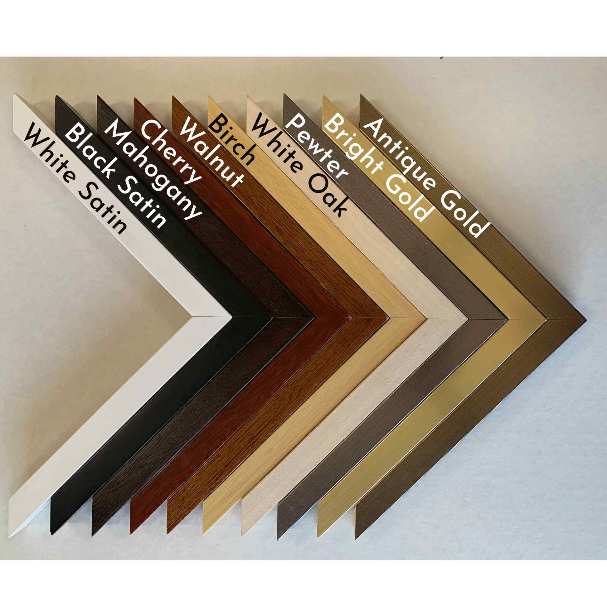 Solid wood frames for watercolor paintings, frame corners in V formation, labeled by frame finish