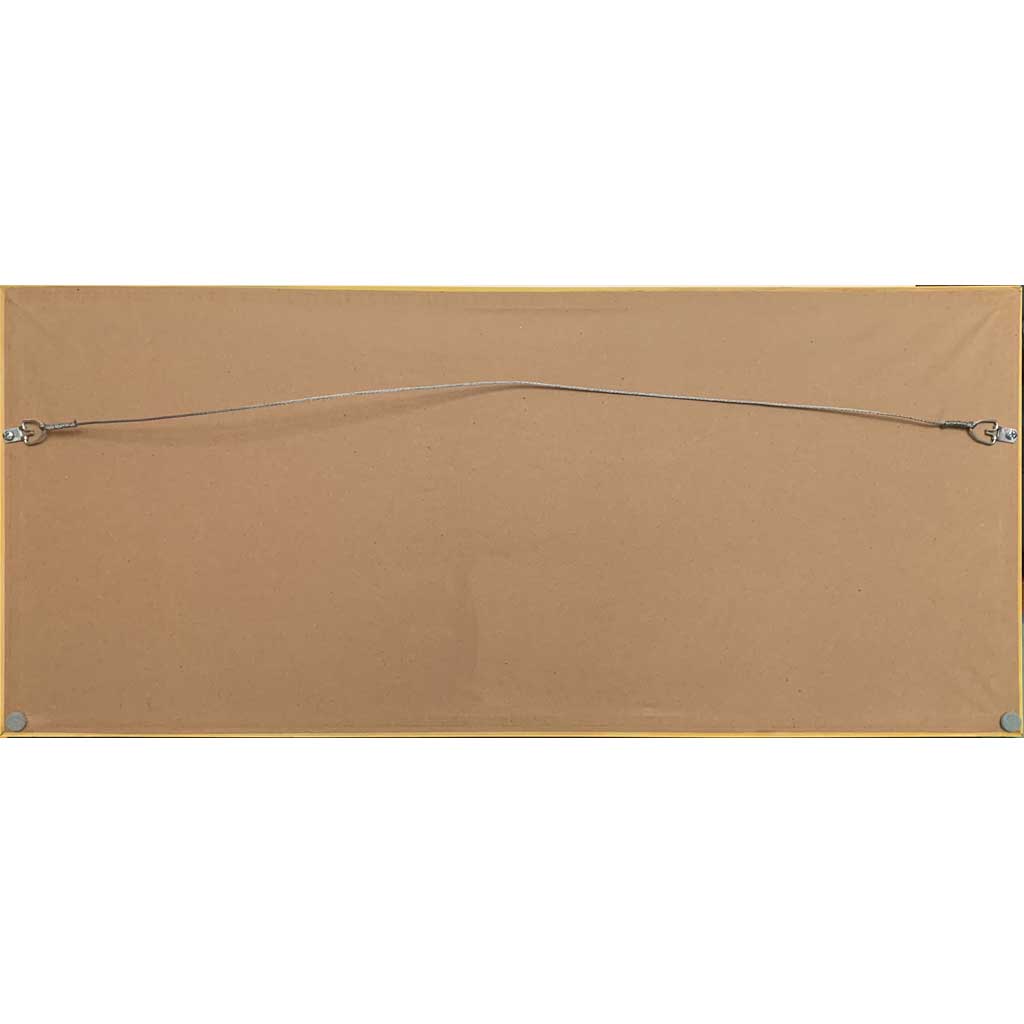 Back view, framed horizontal watercolor painting, brown wrap paper, hanging wire, hardware