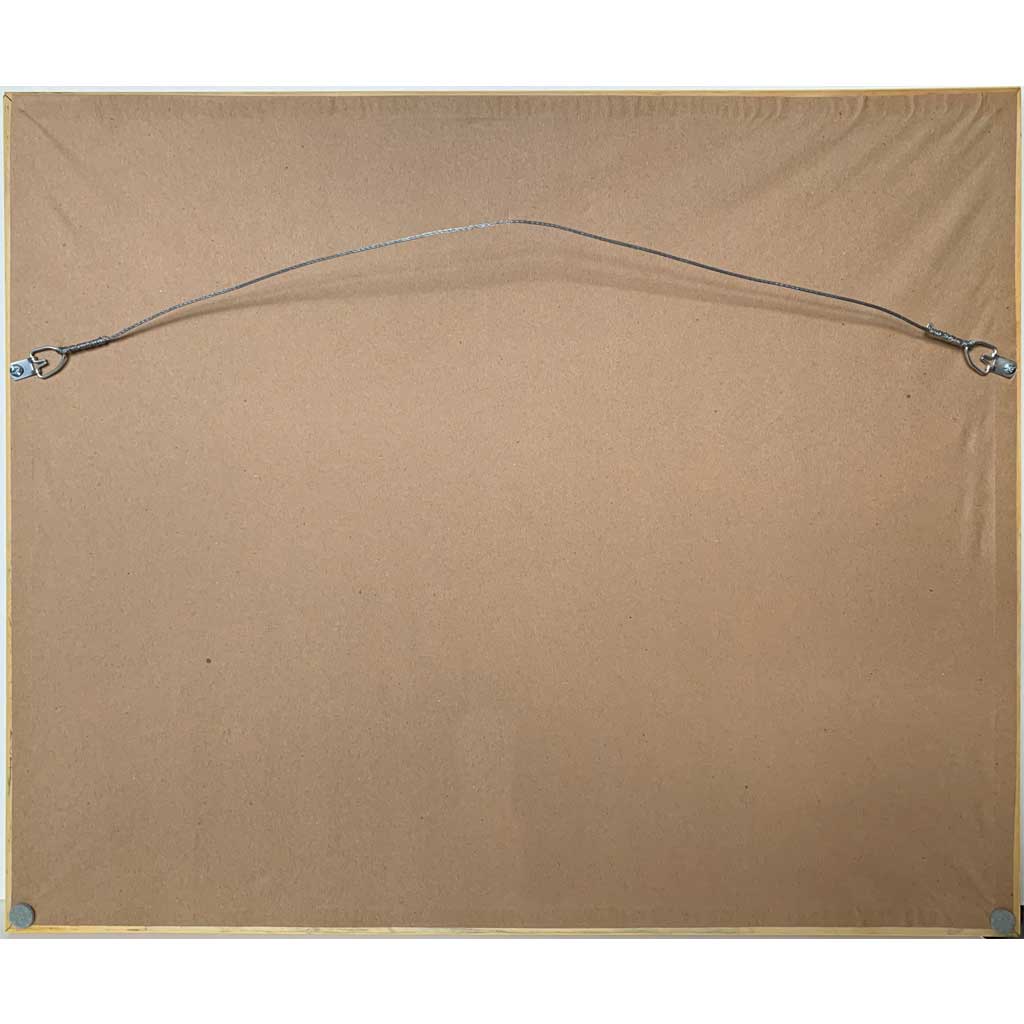 Back view framed watercolor painting showing brown wrap, hanging wire with hardware