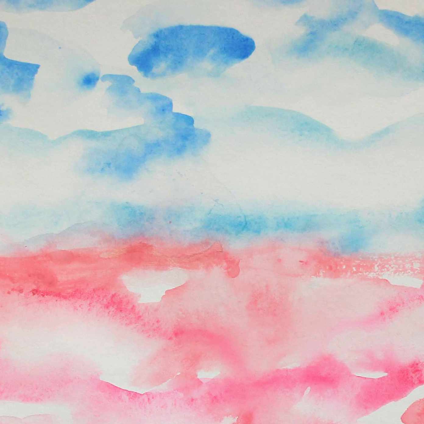 Blue and pink detail closeup of Cotton Candy Horizon watercolor painting