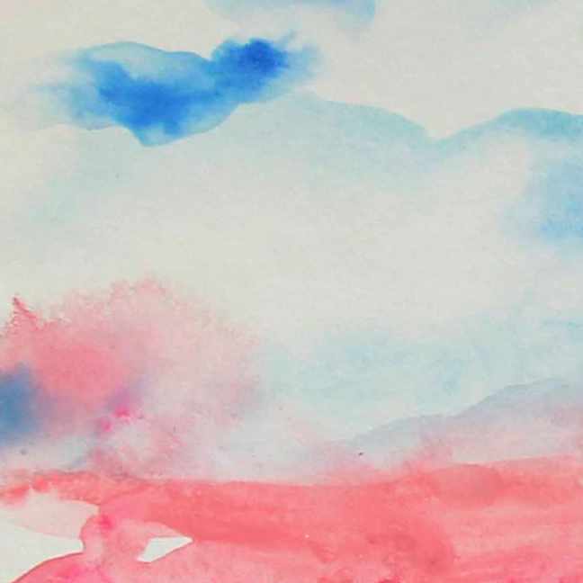 Blue and pink detail image of part of Cotton Candy Horizon watercolor painting