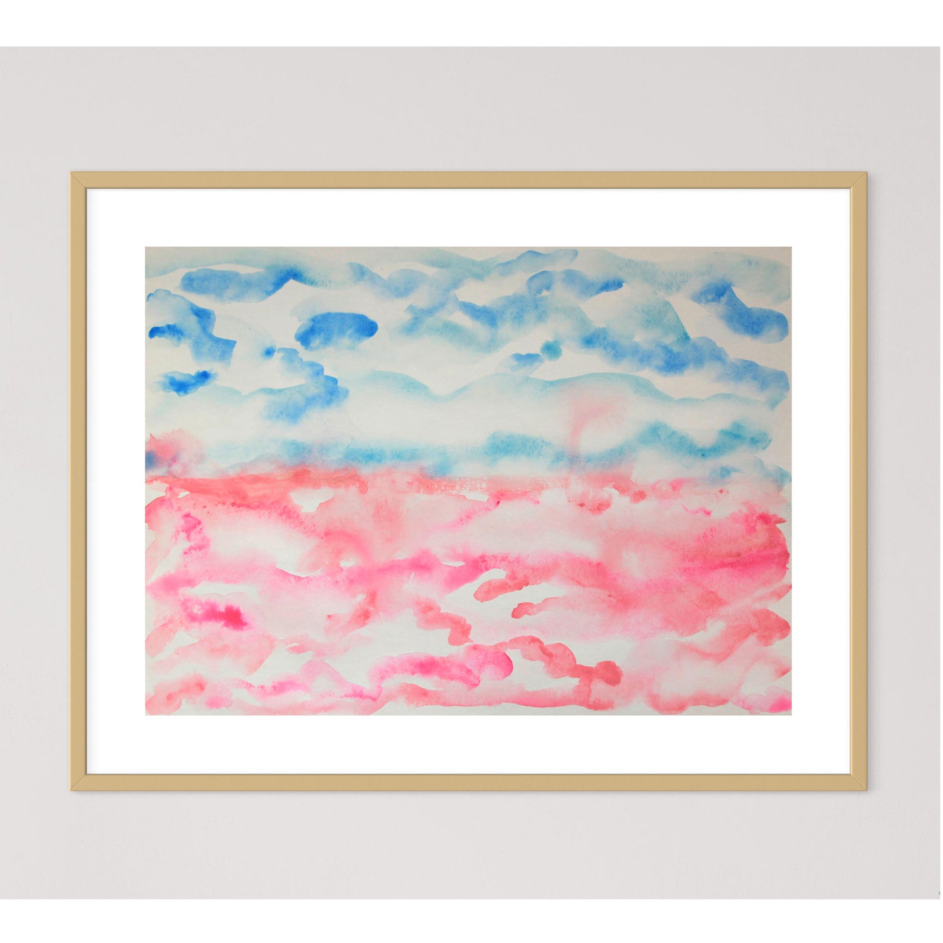 Framed and matted pink and blue Cotton Candy horizon landscape watercolor painting