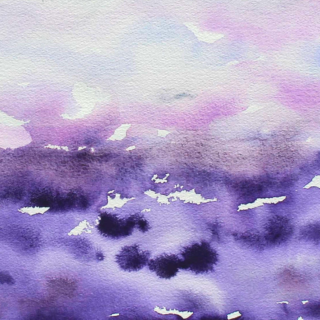 Creation purple and gray watercolor, closeup detail, lower left with purple dots