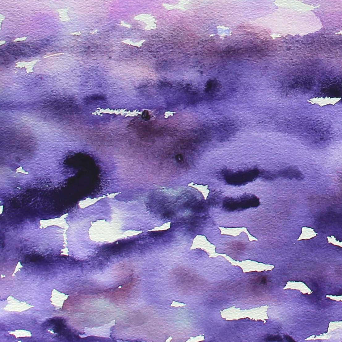 Creation pearl gray and purple watercolor horizon painting, lower left detail, deep purples