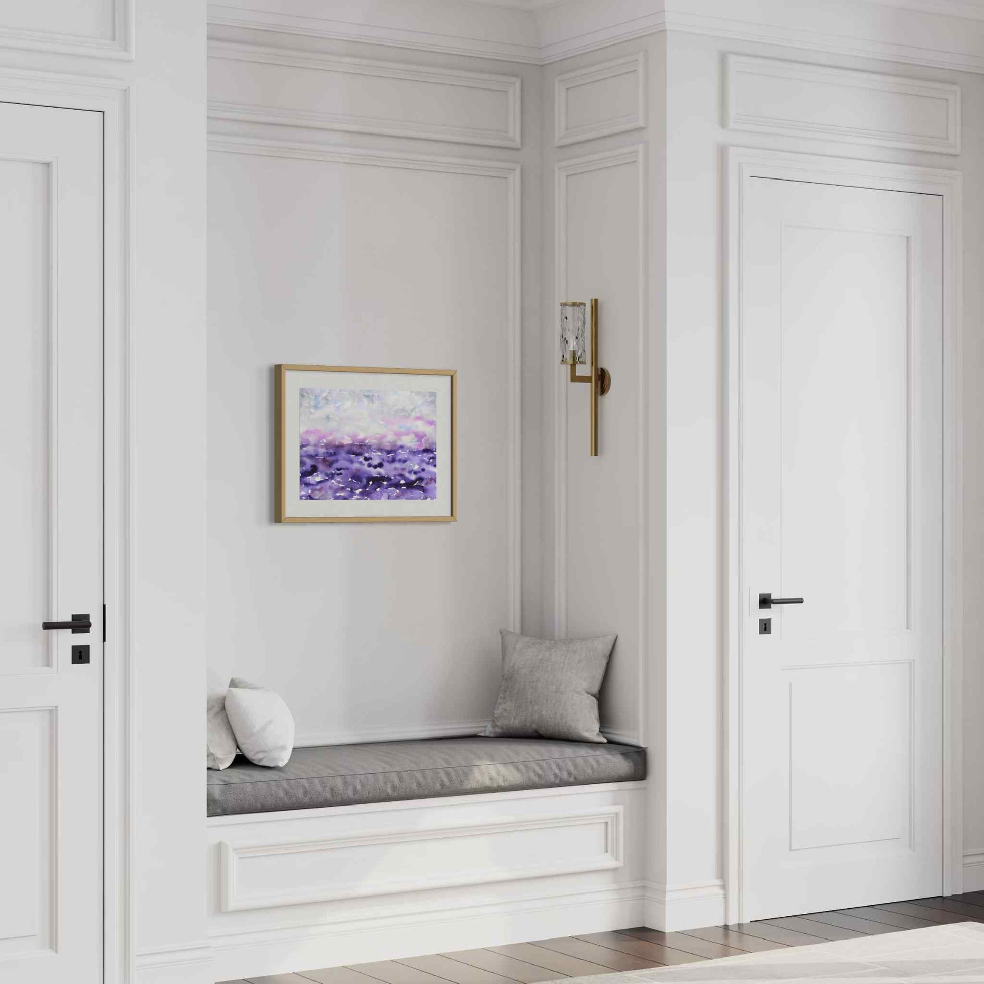 Creation purple pearl gray horizon watercolor, framed, white wall above window seat reading nook