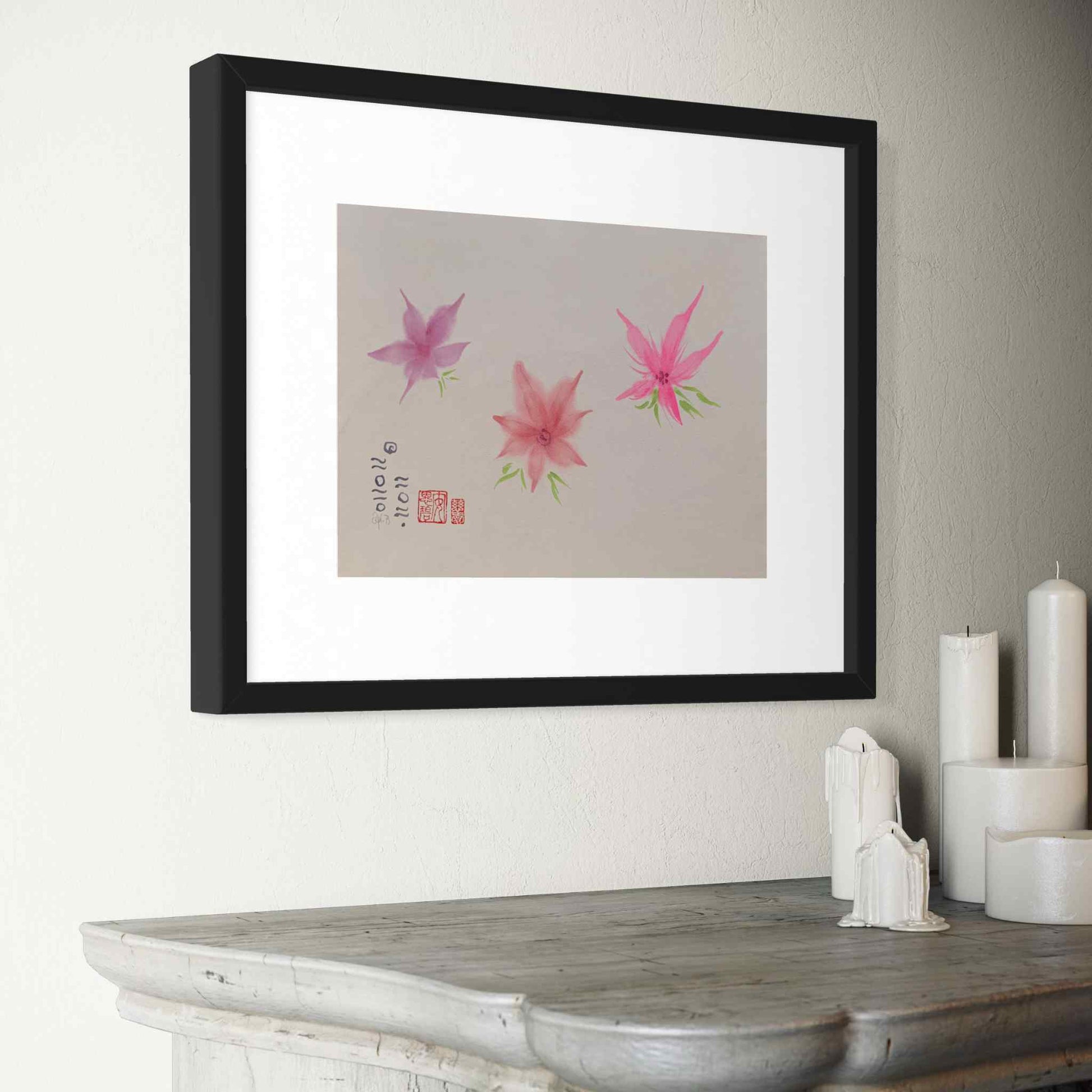 Three lively, bright pink flowers watercolor painting, framed, in angled closeup view