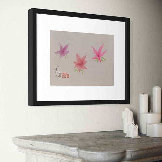 Three lively, bright pink flowers watercolor painting, framed, in angled closeup view