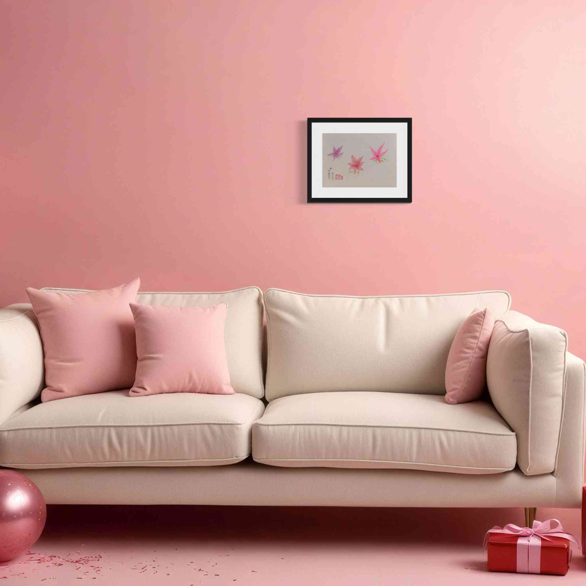 Three dancing pink flowers watercolor painting, framed, in pink living room