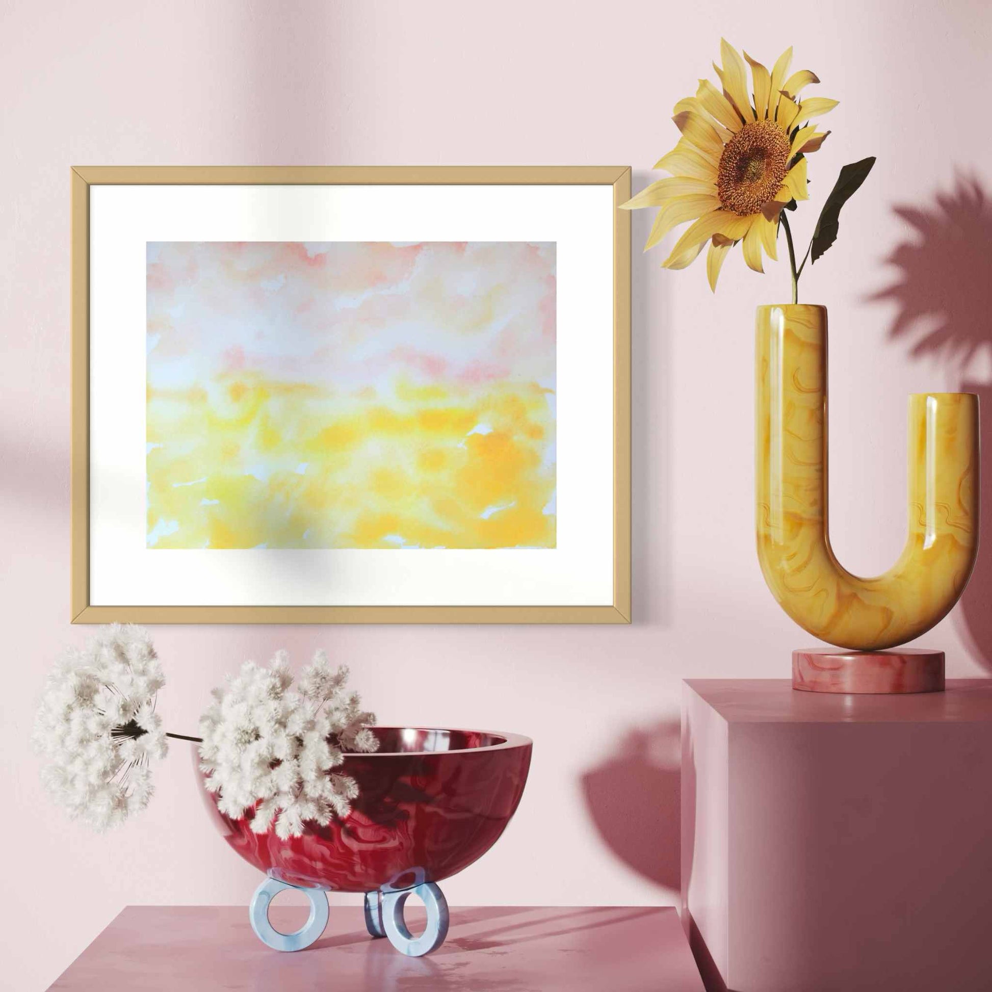 Dawn pink yellow framed horizon watercolor painting, pink wall, colorful vases, closeup view
