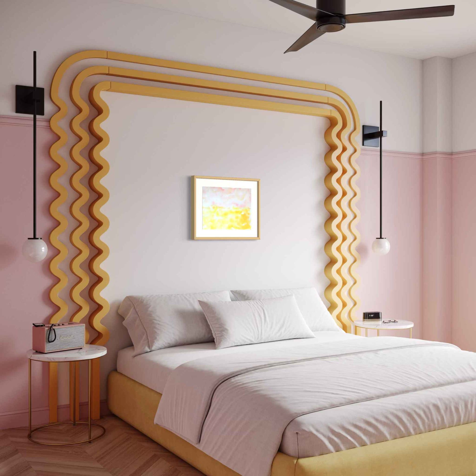 Dawn framed pink yellow horizon watercolor, over bed with wavy yellow headboard, pink walls