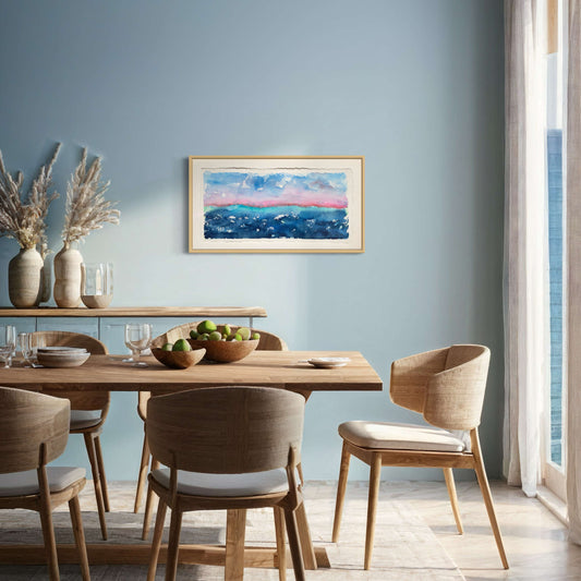 Dawning framed pink dark blue horizon landscape watercolor painting, blue dining room, sunlight