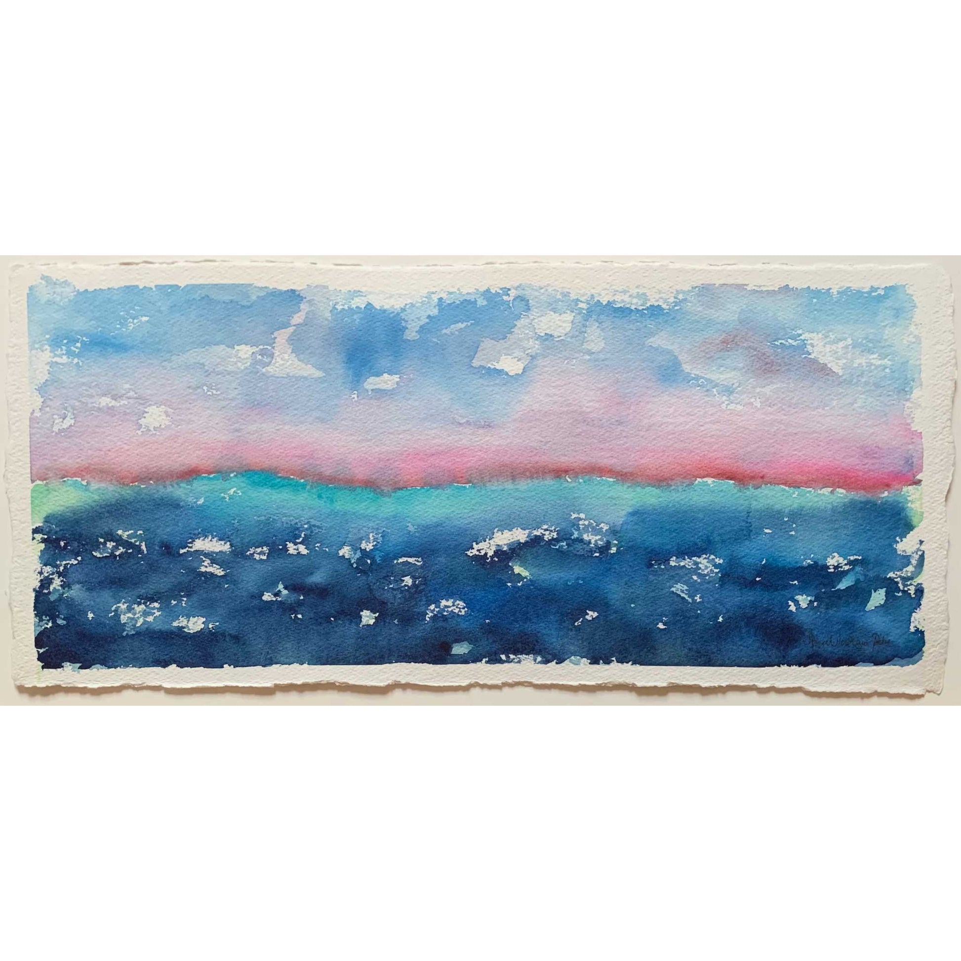 Dawning pink dark blue horizon landscape watercolor painting, closeup, deckled/hand torn paper