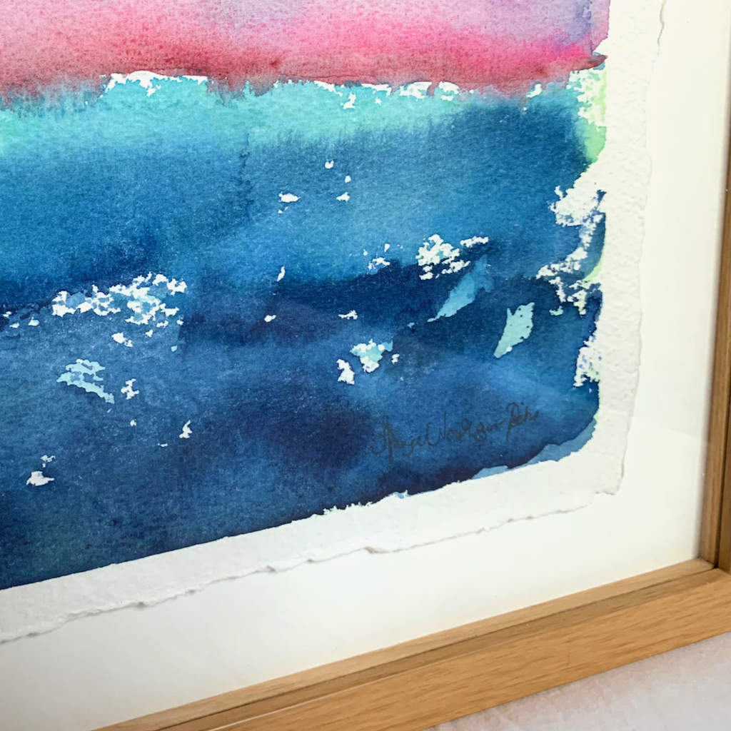 Dawning pink dark blue horizon landscape watercolor painting, lower right detail, float framing