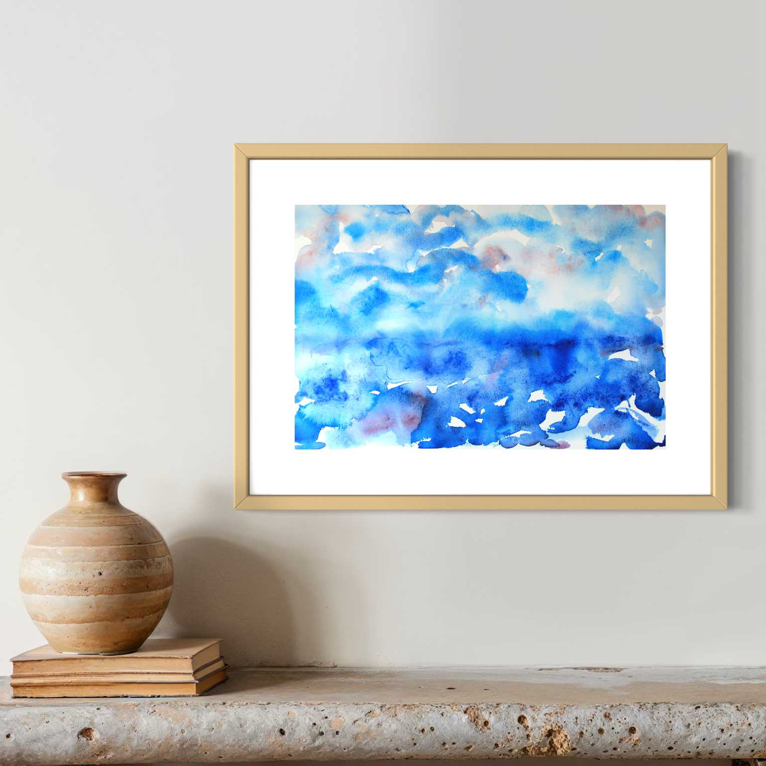 Deep Mystery horizon framed watercolor, blues with red touches, closeup view