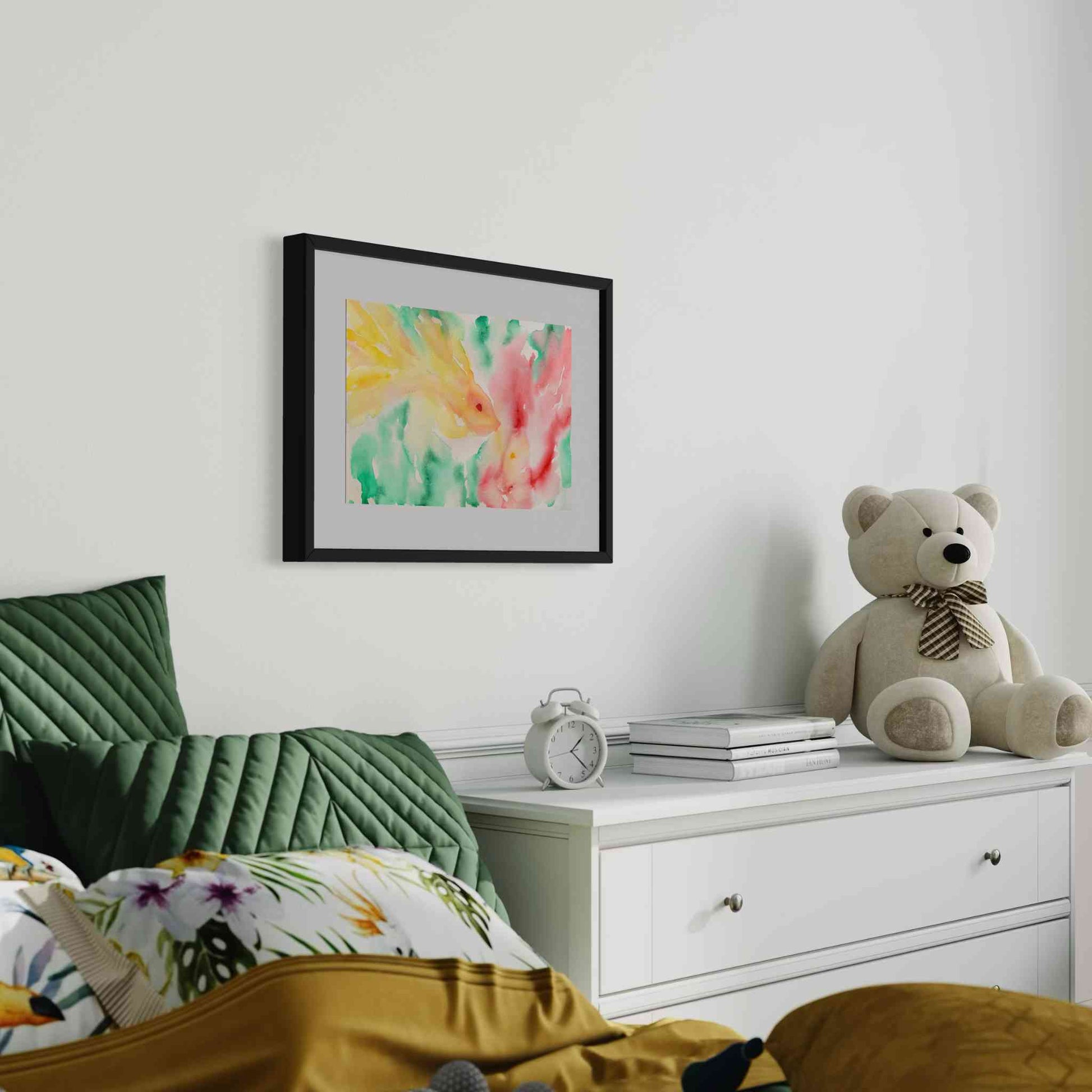 Dreamy yellow and red fishes framed watercolor painting, angled view on  bedroom wall