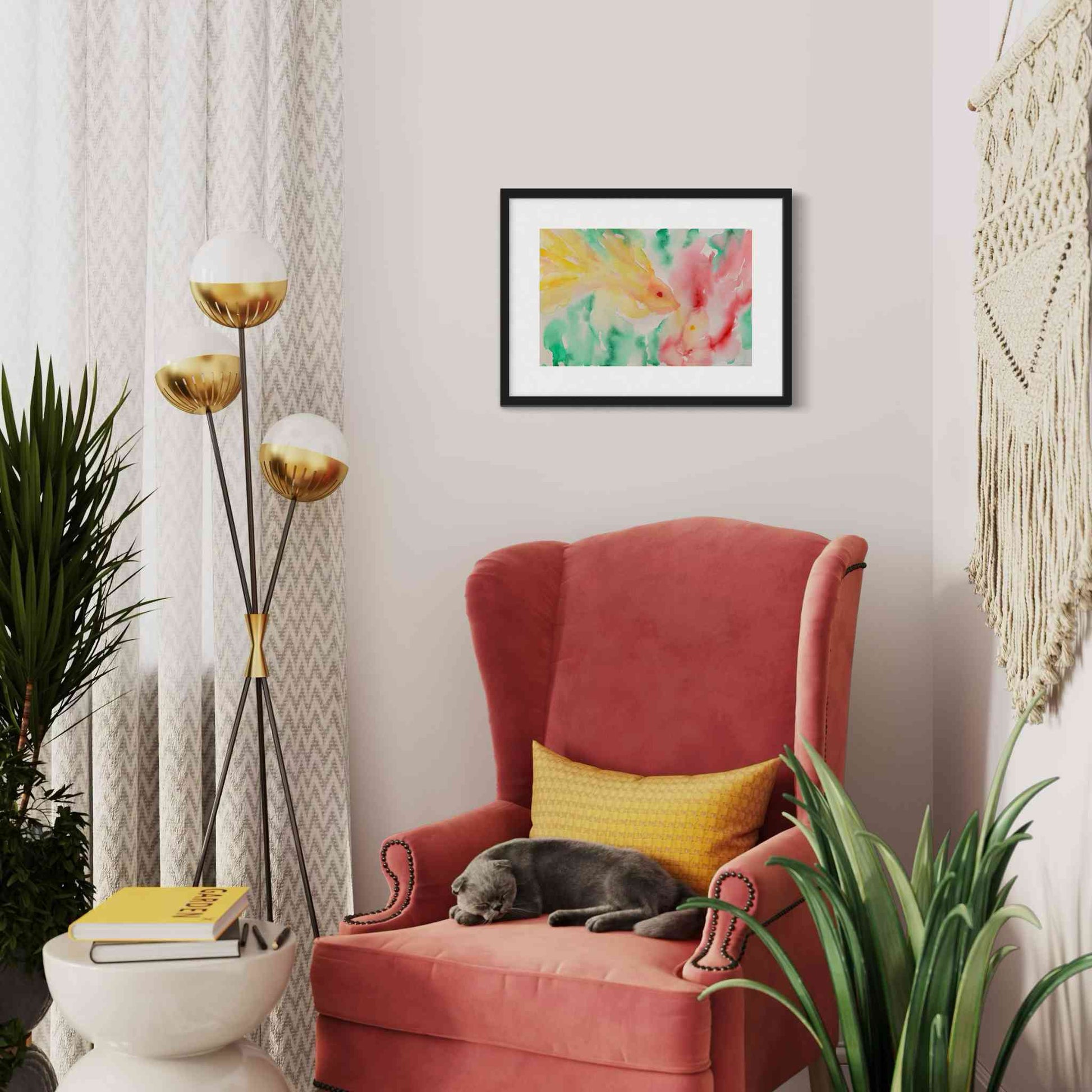 Dreamy underwater watercolor painting of yellow fish with red fish, framed, in corner sitting area