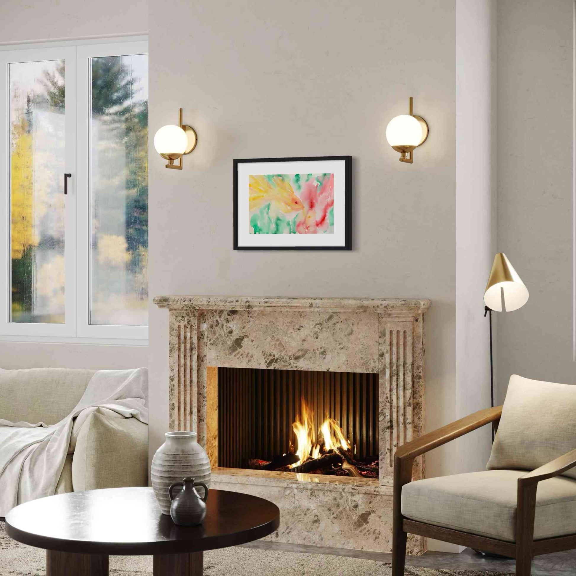 Dreamy yellow fish with red fish framed watercolor painting, angled view in living room above mantel