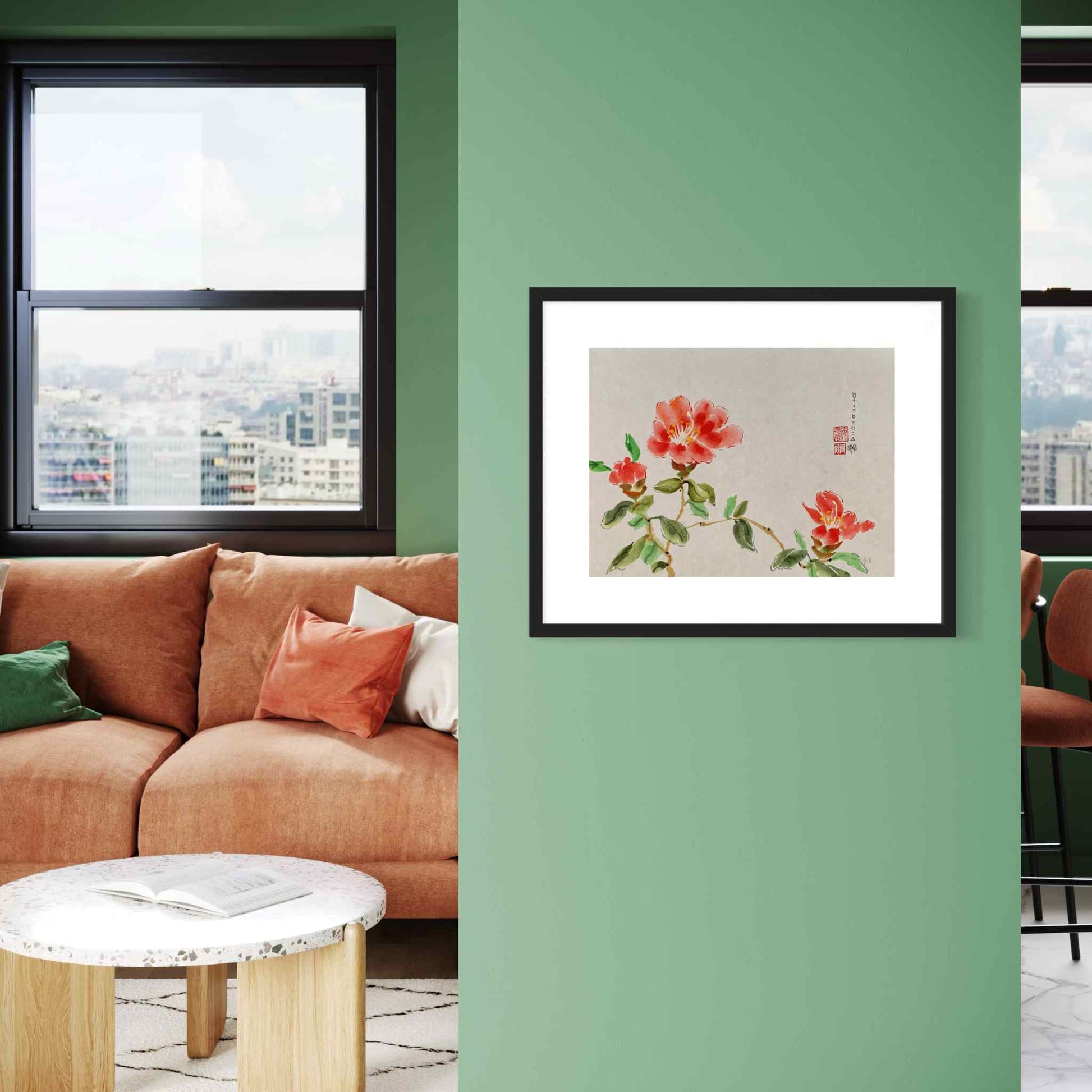 Three red flowers elegant watercolor painting on green wall in city highrise