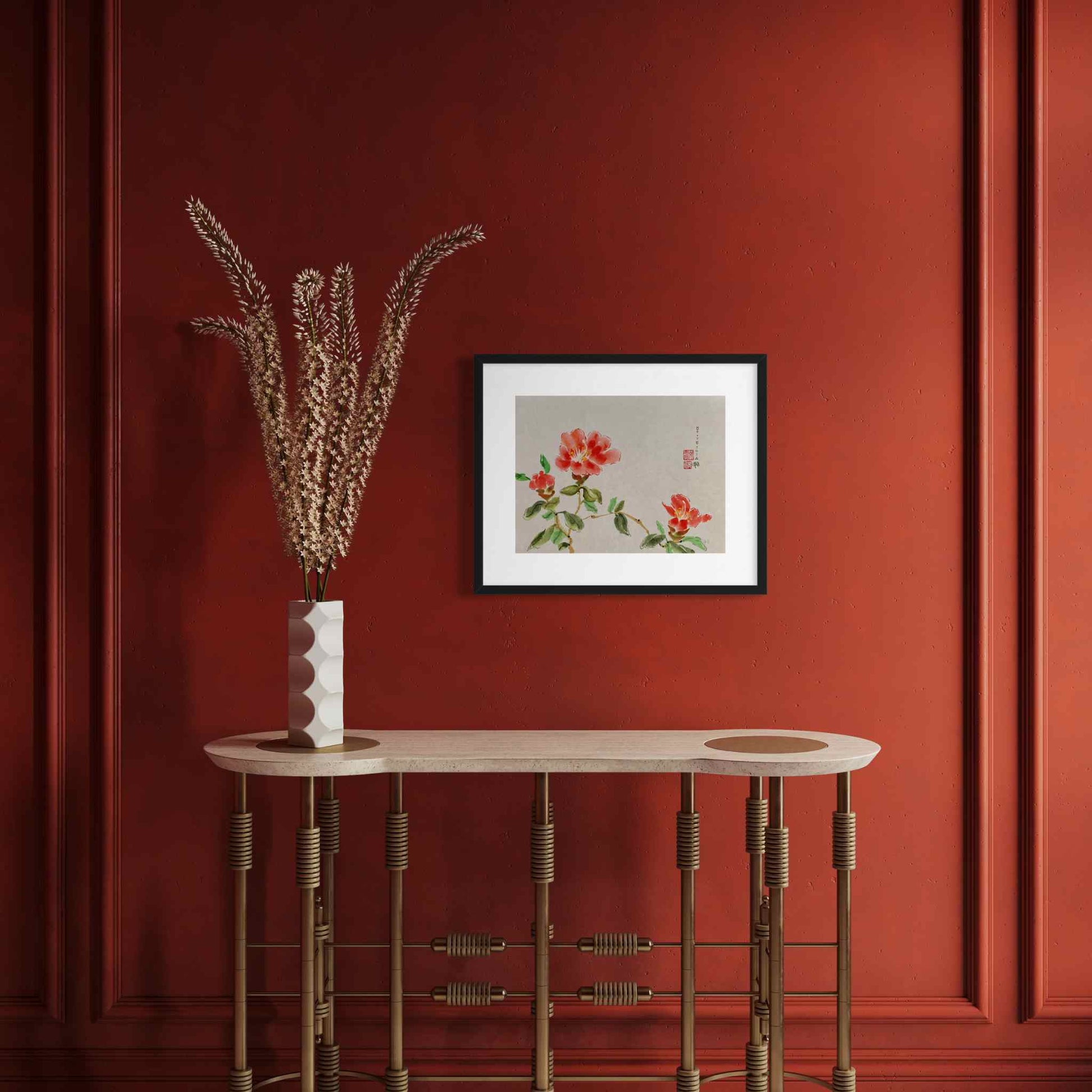 Elegant three red flowers watercolor painting in traditional room with rust-colored wall