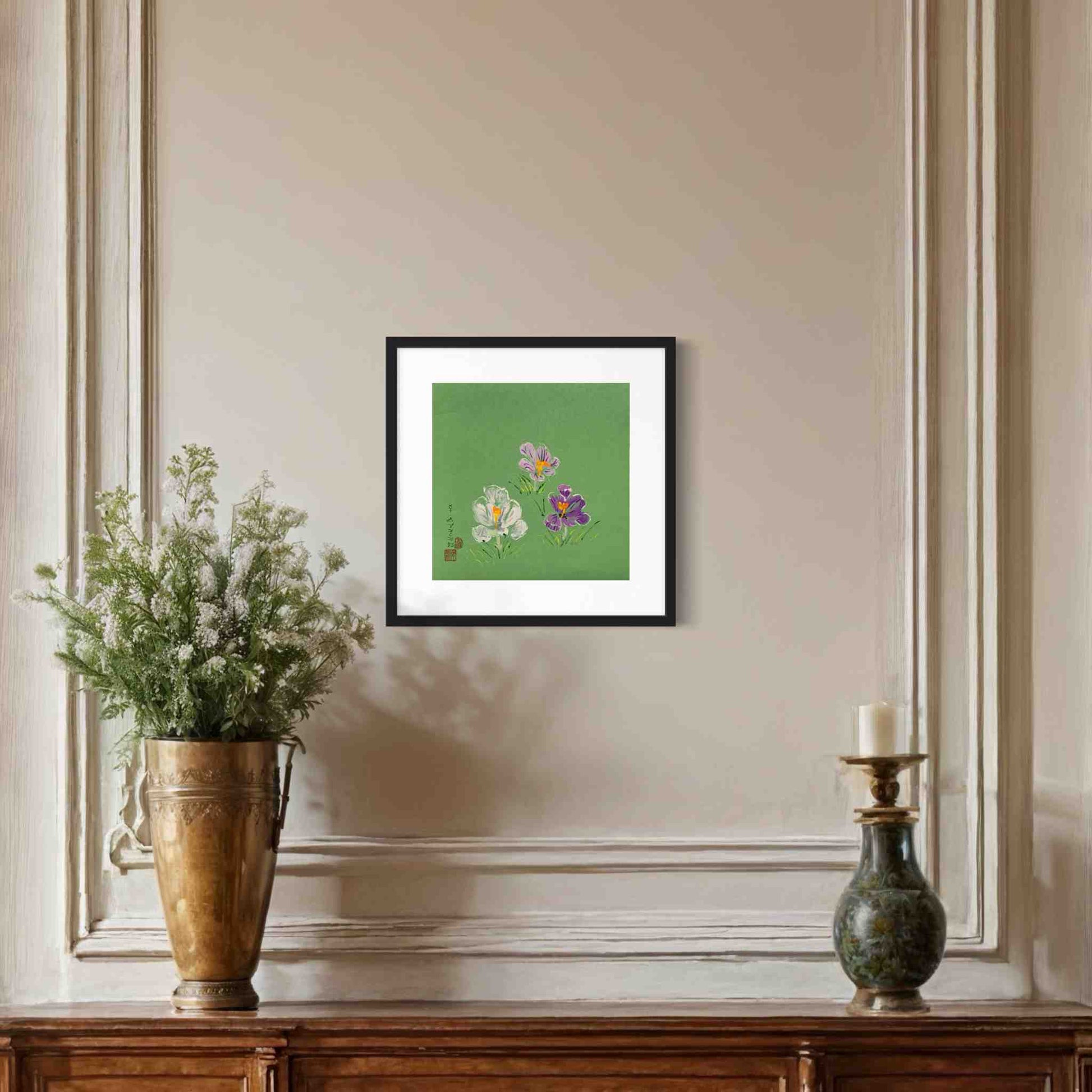 Three crocus flowers watercolor painting, framed, on jade green paper, displayed in elegant room