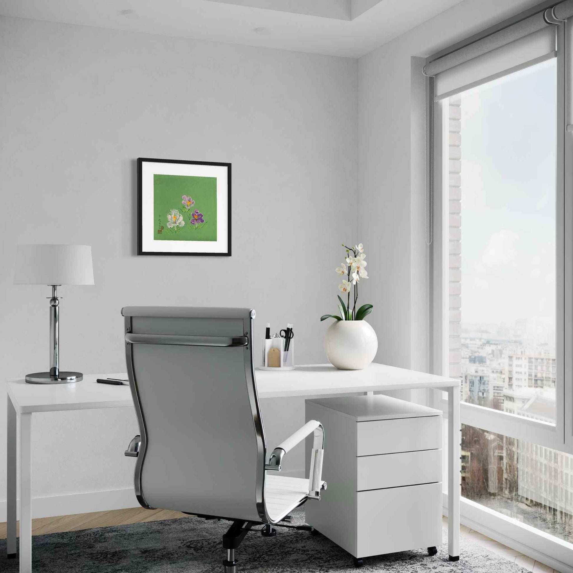 Three crocus flowers watercolor on jade green paper, framed, white office with window, city view