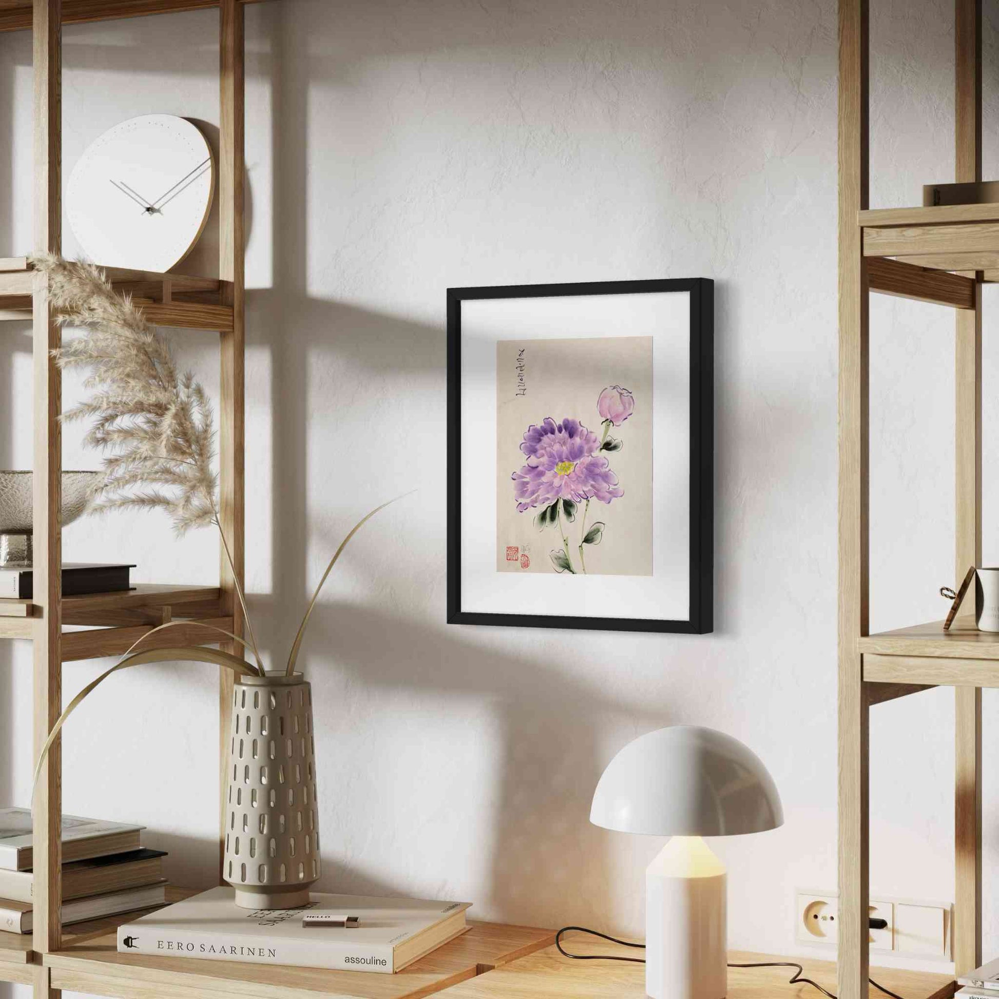Purple flowers framed watercolor, angled view on sunny wall