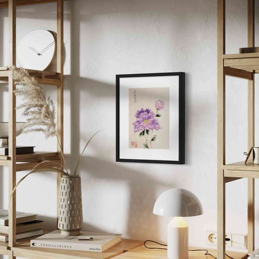 Purple flowers framed watercolor, angled view on sunny wall