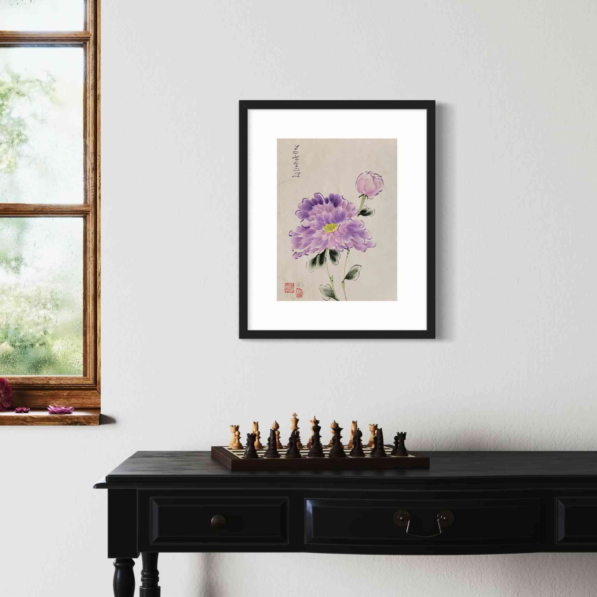 Purple flower in full bloom with bud framed watercolor painting, closeup view