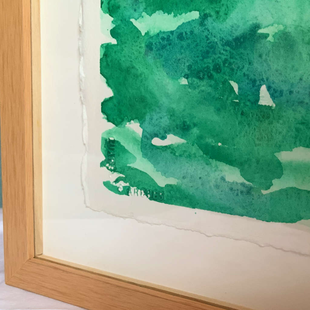 Gathering Mist blue green horizon watercolor landscape painting, closeup lower left frame corner