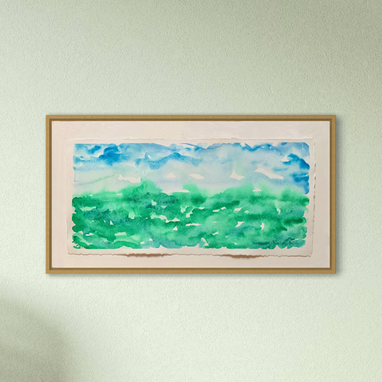 Gathering Mist blue and green horizon watercolor, float framed, on pale green wall
