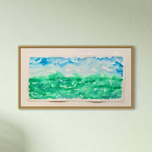 Gathering Mist blue and green horizon watercolor, float framed, on pale green wall