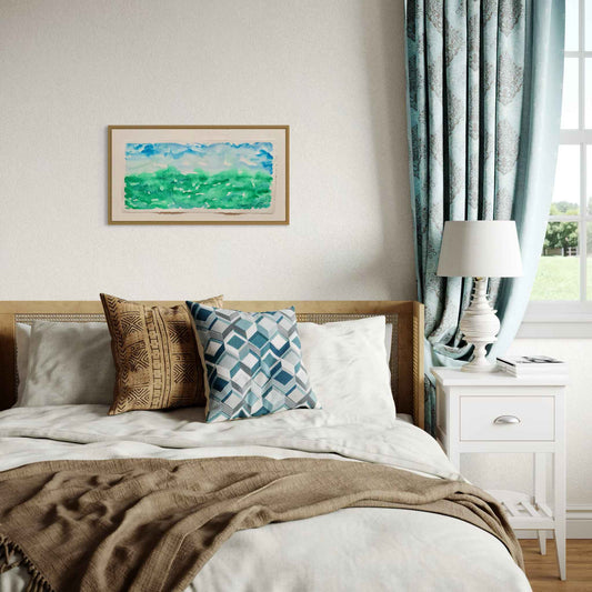 Gathering Mist blue green horizon watercolor painting, restful white bedroom, sky blue curtains