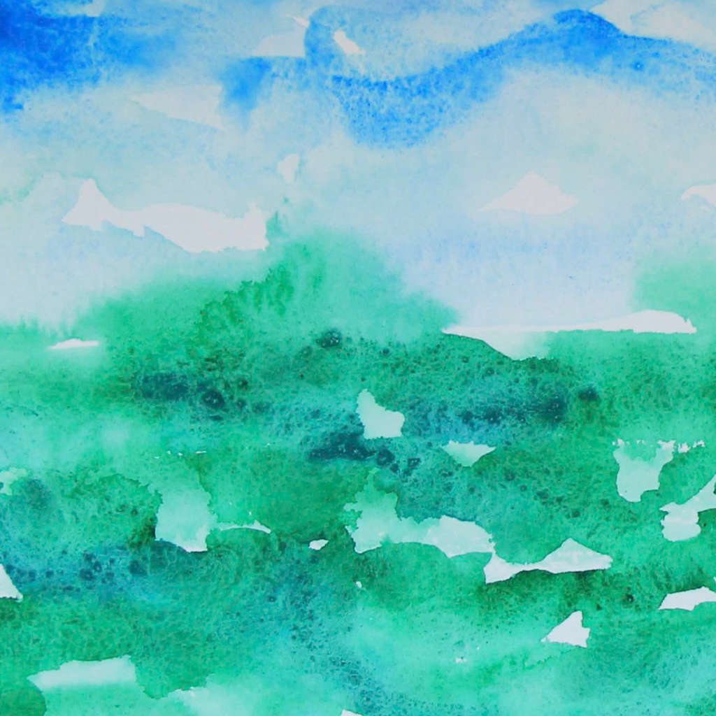 Gathering Mist blue green horizon watercolor painting, closeup view where colors meet, horizon line